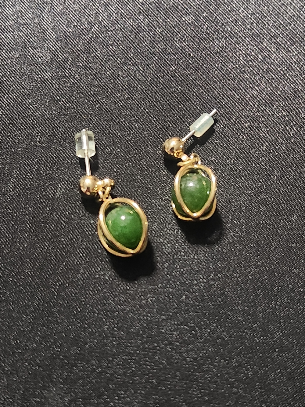 Vintage Gold Tone Wire Cage Faux Jade Dangle Post Earrings